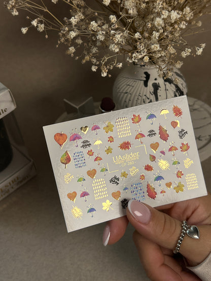 Nail Water Decal CF-283 | Autumn Rain Water Slide Nail Decals | Umbrellas, Leaves & Raindrops