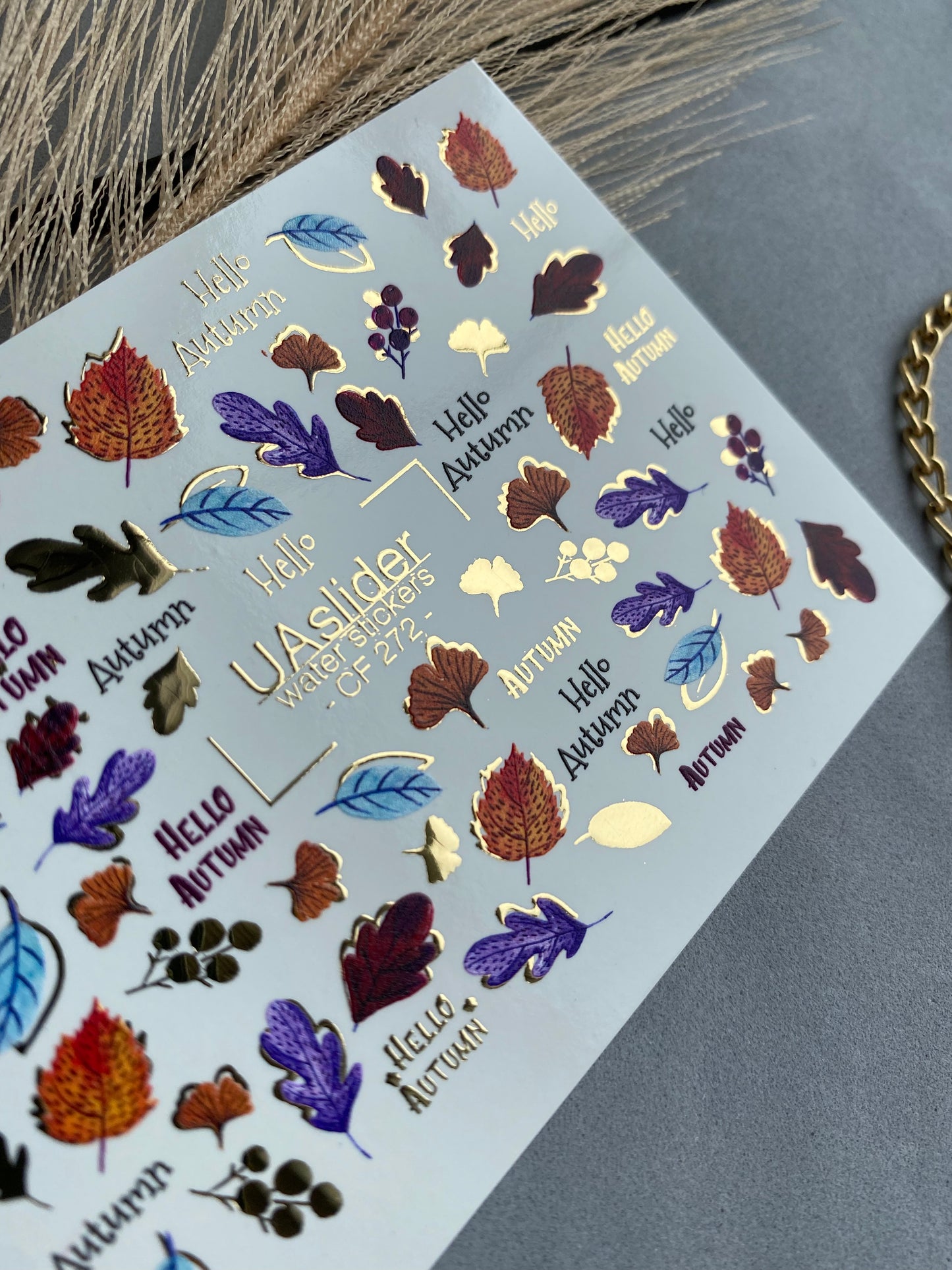 Nail Water Decal CF-272 | Autumn Water Slide Nail Decals | Colorful Fall Leaves & Hello Autumn Quotes