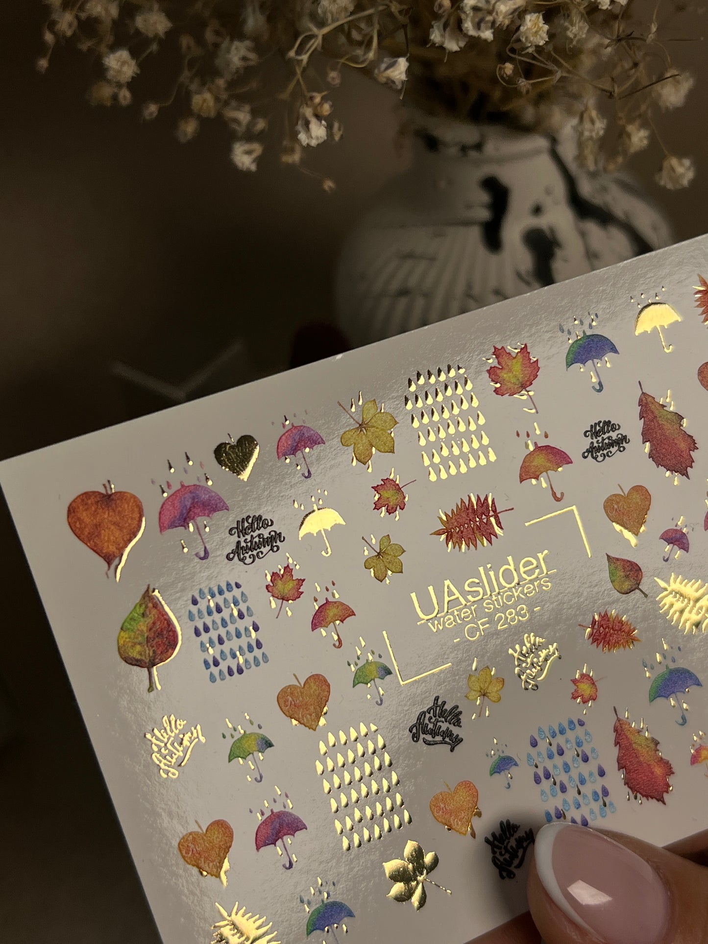 Nail Water Decal CF-283 | Autumn Rain Water Slide Nail Decals | Umbrellas, Leaves & Raindrops