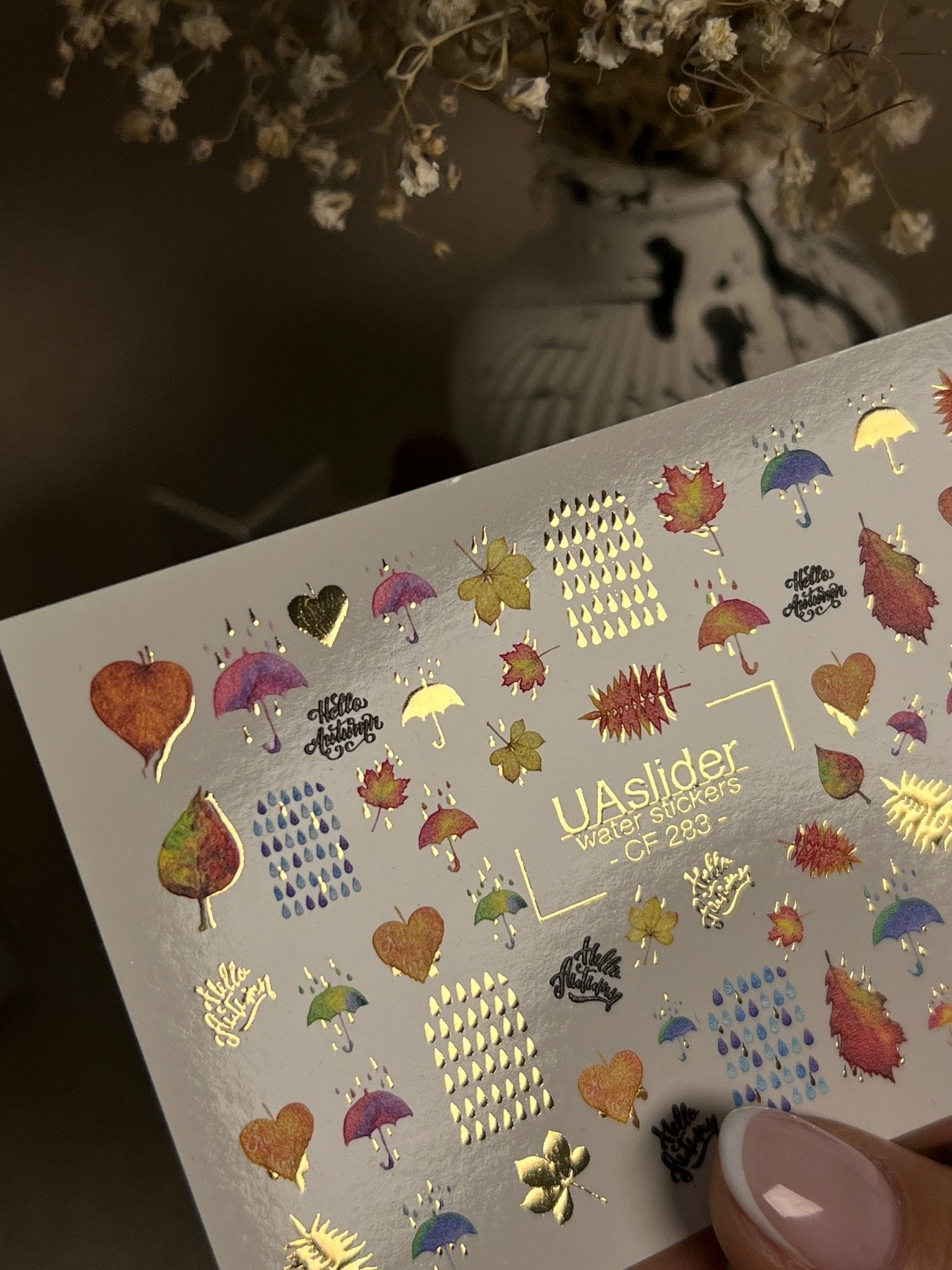 Nail Water Decal CF-283 | Autumn Rain Water Slide Nail Decals | Umbrellas, Leaves & Raindrops - UASLIDER