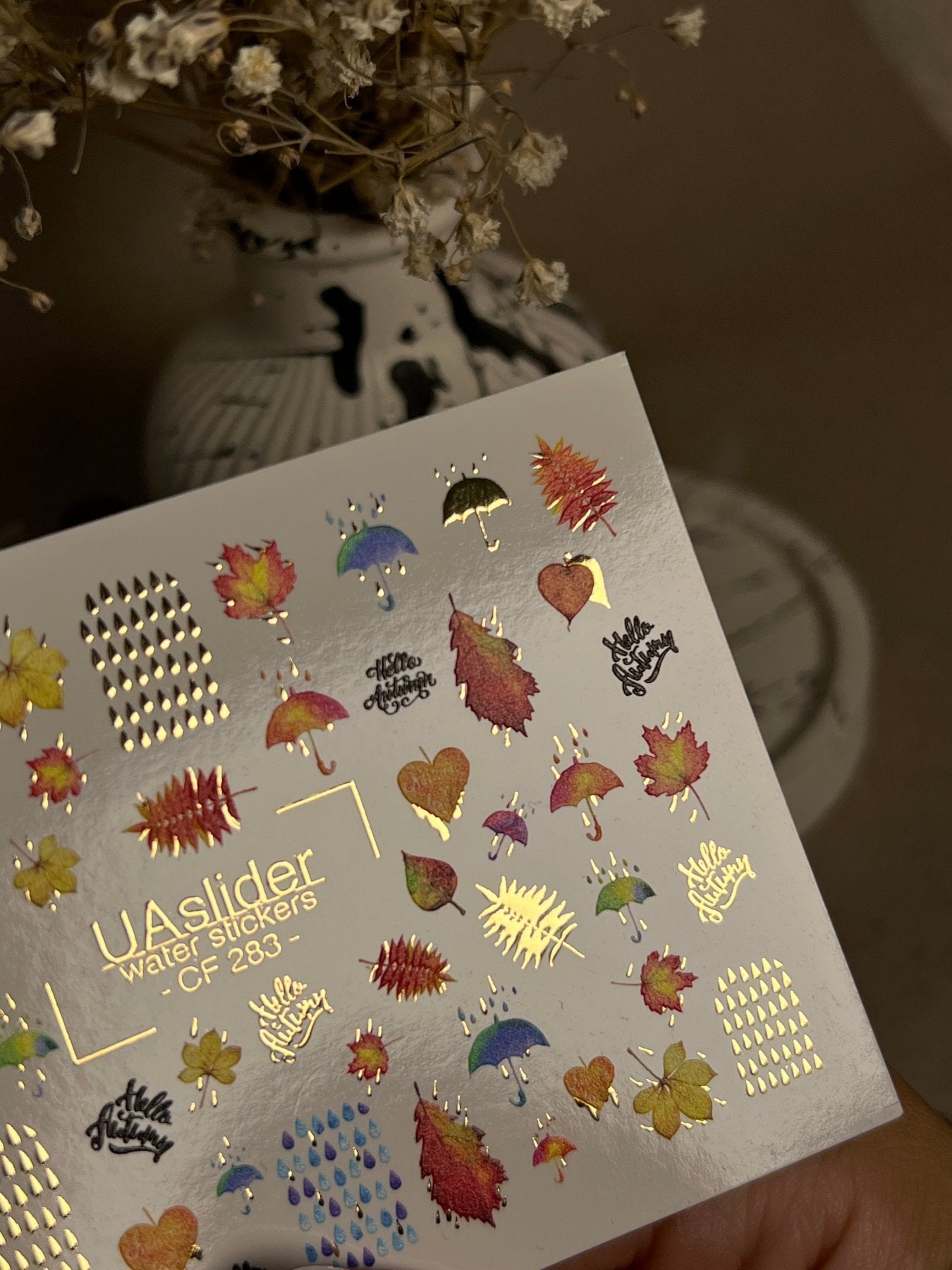 Nail Water Decal CF-283 | Autumn Rain Water Slide Nail Decals | Umbrellas, Leaves & Raindrops - UASLIDER