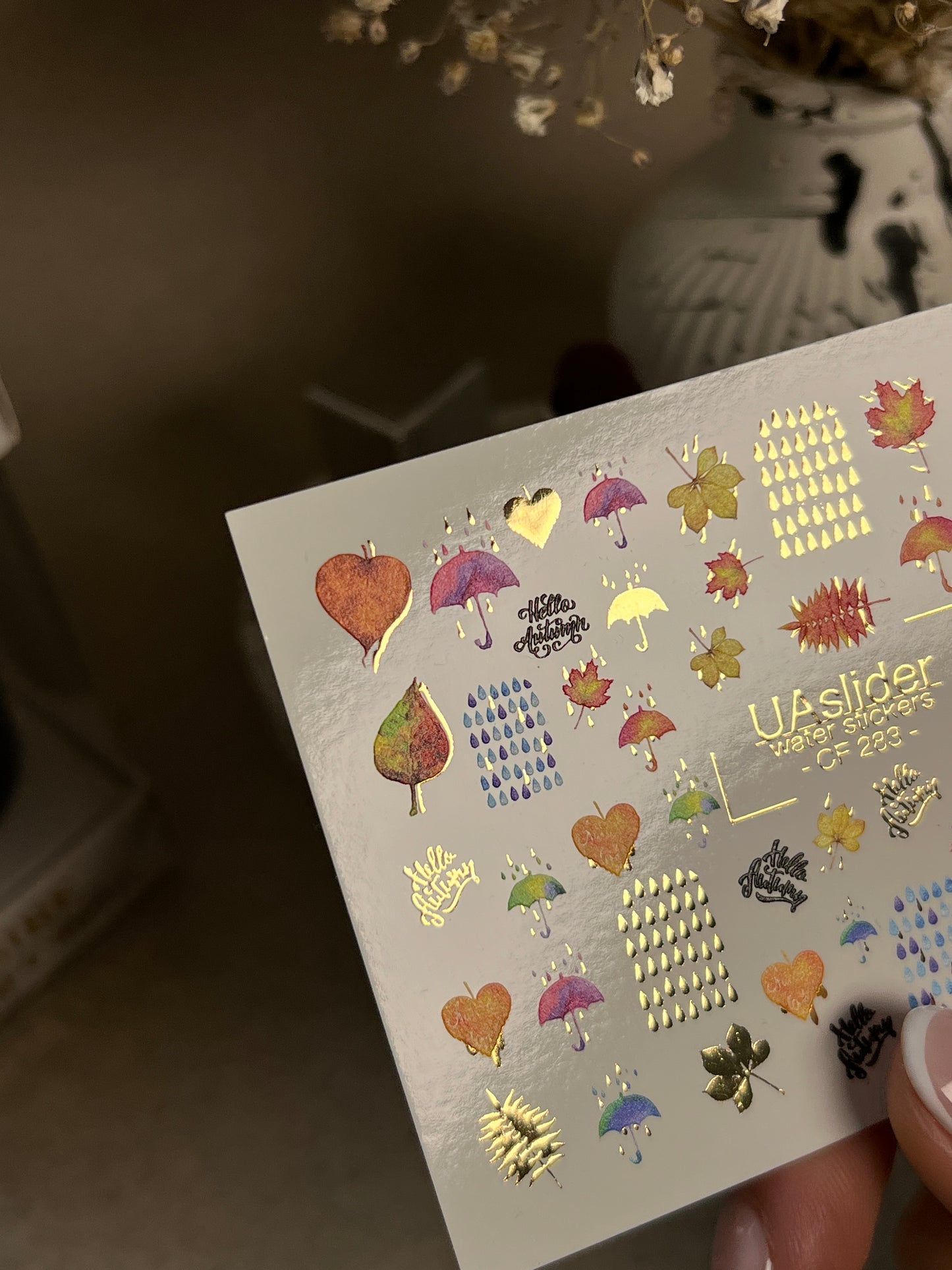 Nail Water Decal CF-283 | Autumn Rain Water Slide Nail Decals | Umbrellas, Leaves & Raindrops