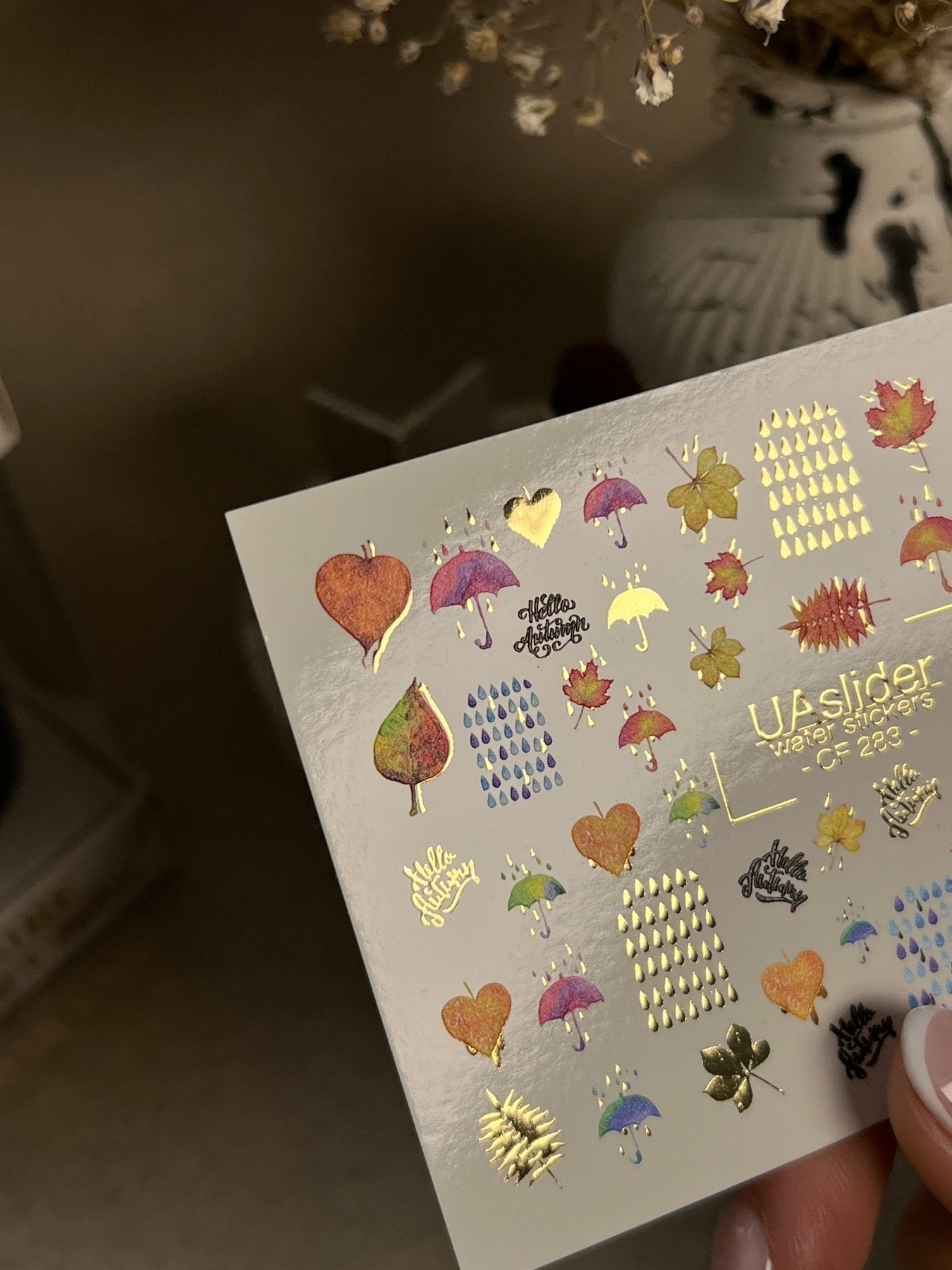 Nail Water Decal CF-283 | Autumn Rain Water Slide Nail Decals | Umbrellas, Leaves & Raindrops - UASLIDER