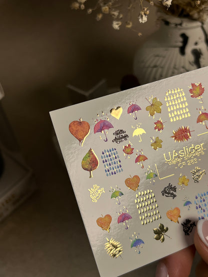 Nail Water Decal CF-283 | Autumn Rain Water Slide Nail Decals | Umbrellas, Leaves & Raindrops
