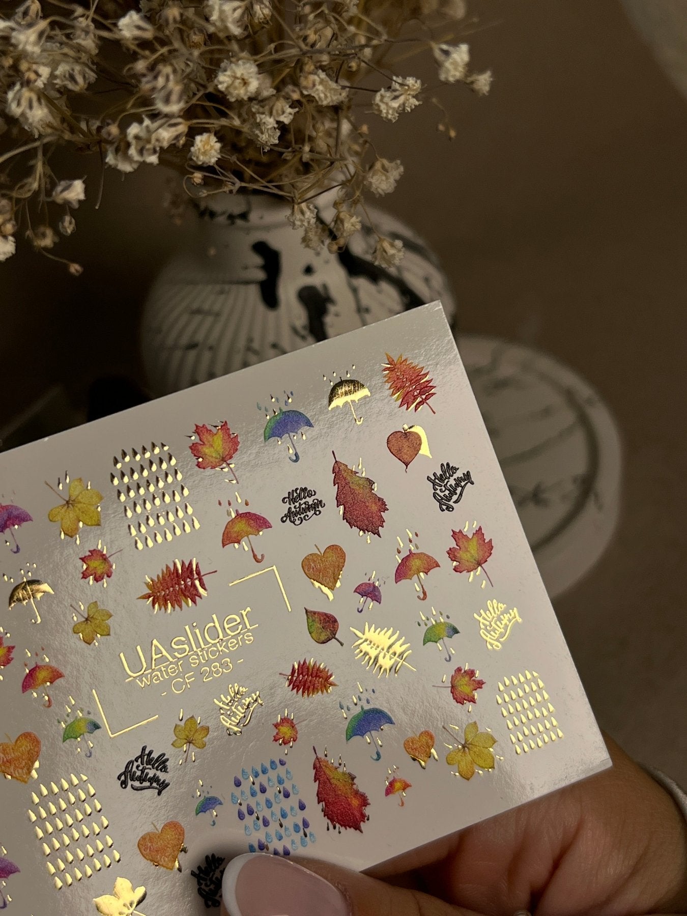 Nail Water Decal CF-283 | Autumn Rain Water Slide Nail Decals | Umbrellas, Leaves & Raindrops - UASLIDER