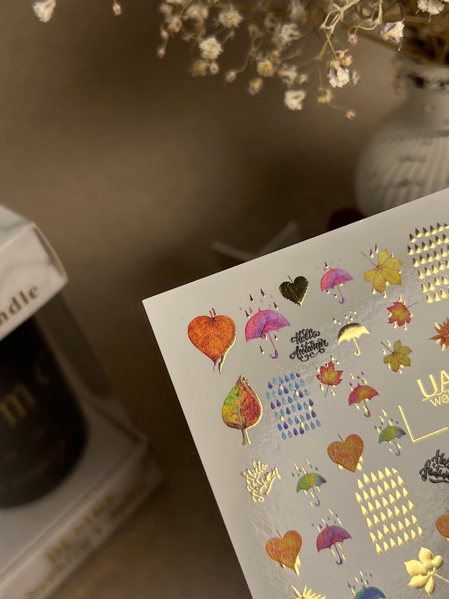 Nail Water Decal CF-283 | Autumn Rain Water Slide Nail Decals | Umbrellas, Leaves & Raindrops