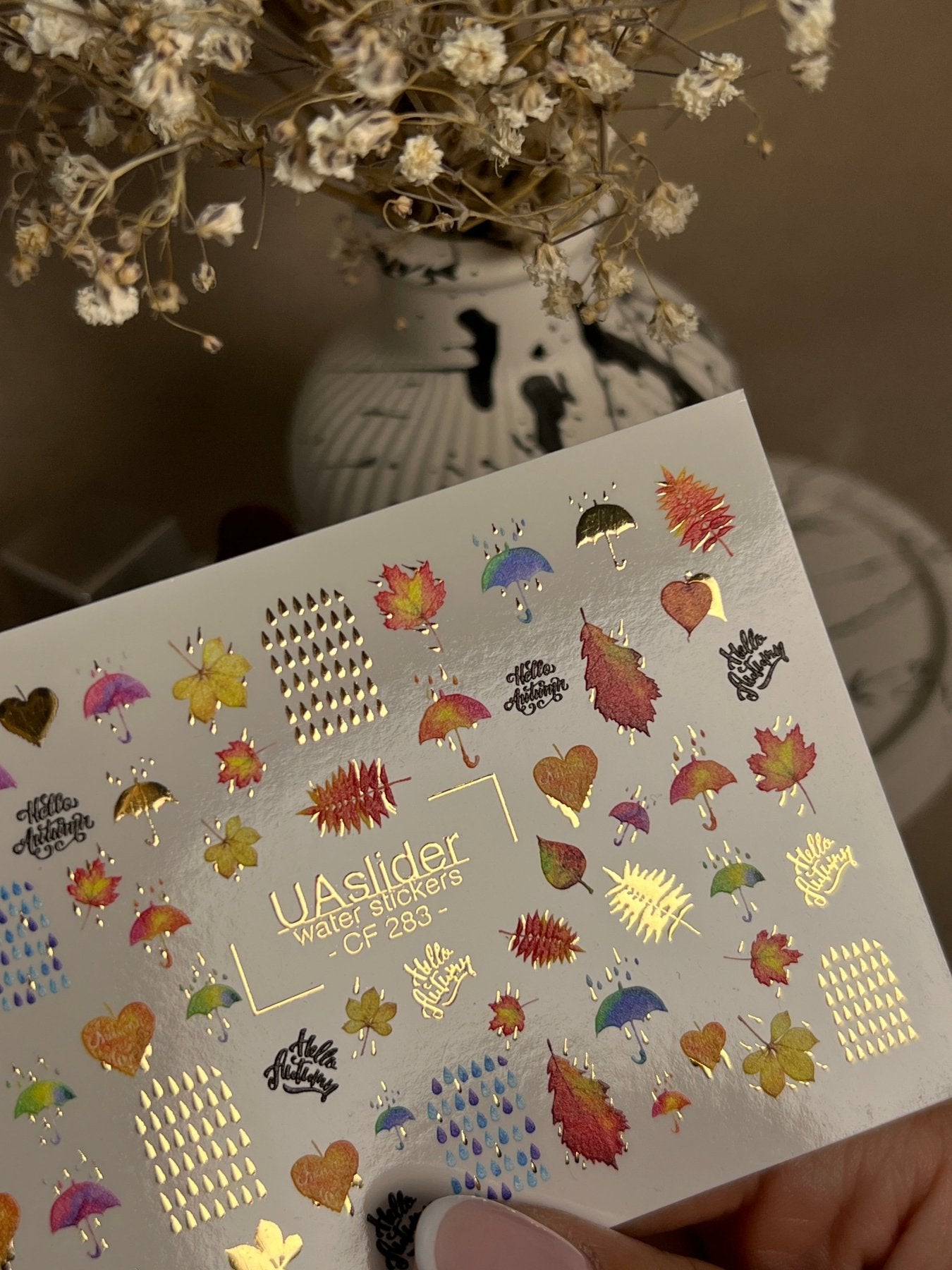 Nail Water Decal CF-283 | Autumn Rain Water Slide Nail Decals | Umbrellas, Leaves & Raindrops - UASLIDER