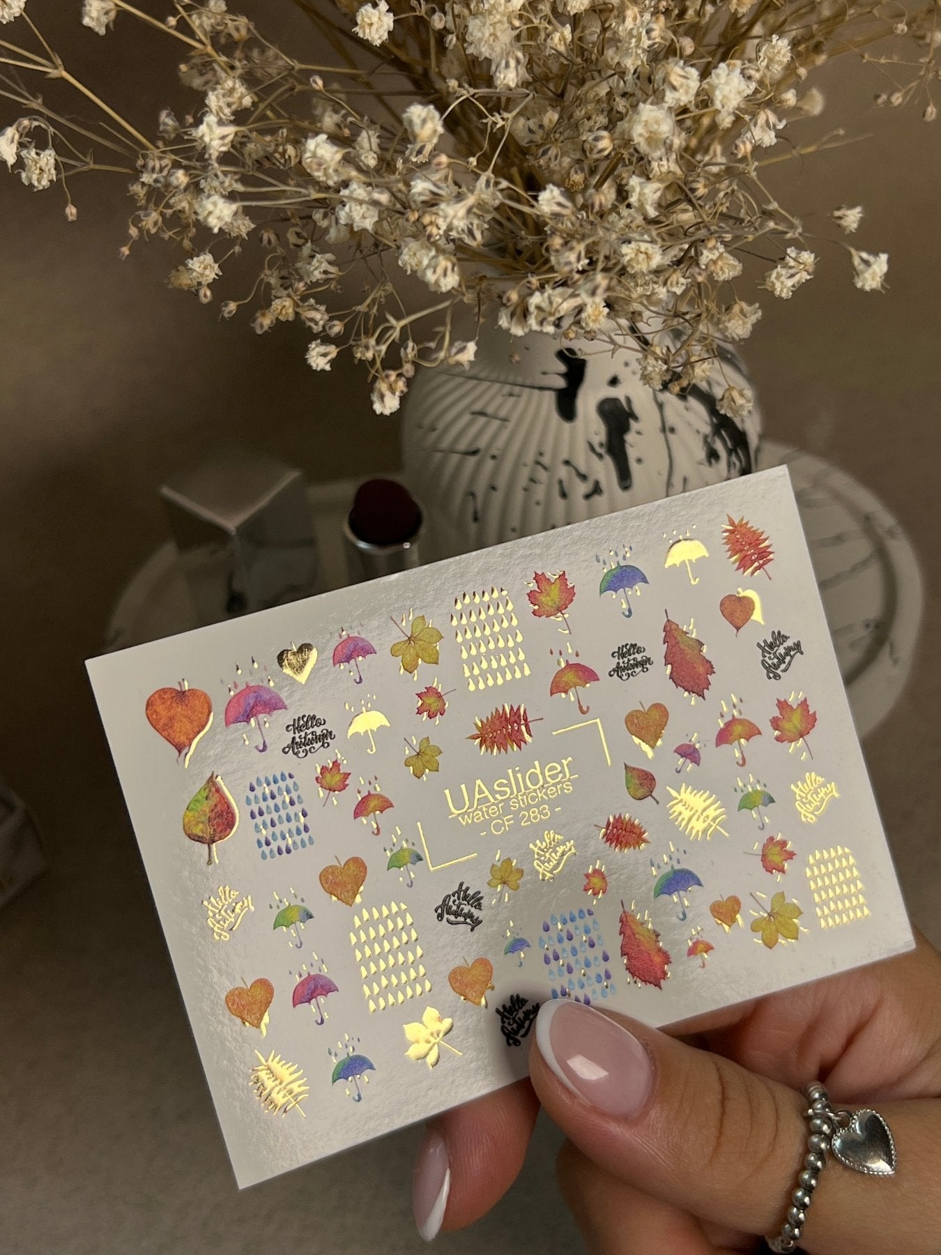Nail Water Decal CF-283 | Autumn Rain Water Slide Nail Decals | Umbrellas, Leaves & Raindrops - UASLIDER