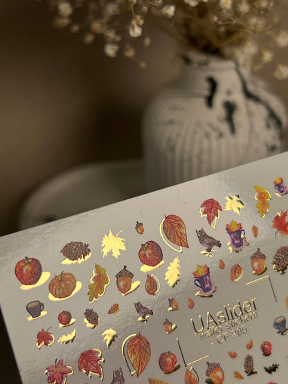 Nail Water Decal CF-285 | Autumn Cozy Water Slide Nail Decals | Pumpkins, Apples & Forest Accents