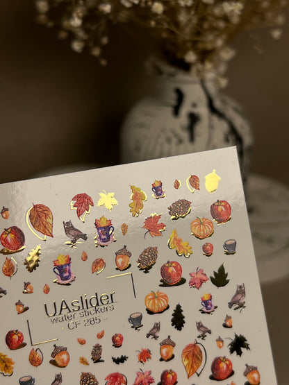 Nail Water Decal CF-285 | Autumn Cozy Water Slide Nail Decals | Pumpkins, Apples & Forest Accents