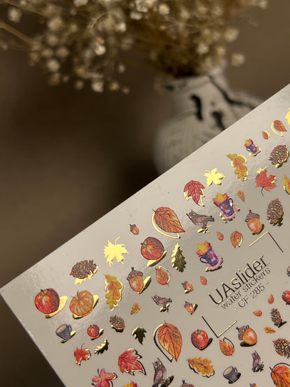 Nail Water Decal CF-285 | Autumn Cozy Water Slide Nail Decals | Pumpkins, Apples & Forest Accents
