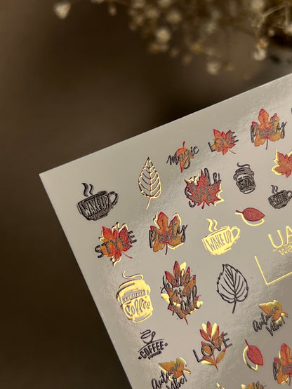 Nail Water Decal CF-280 | Autumn Water Slide Nail Decals | Fall Leaves, Coffee & Quotes