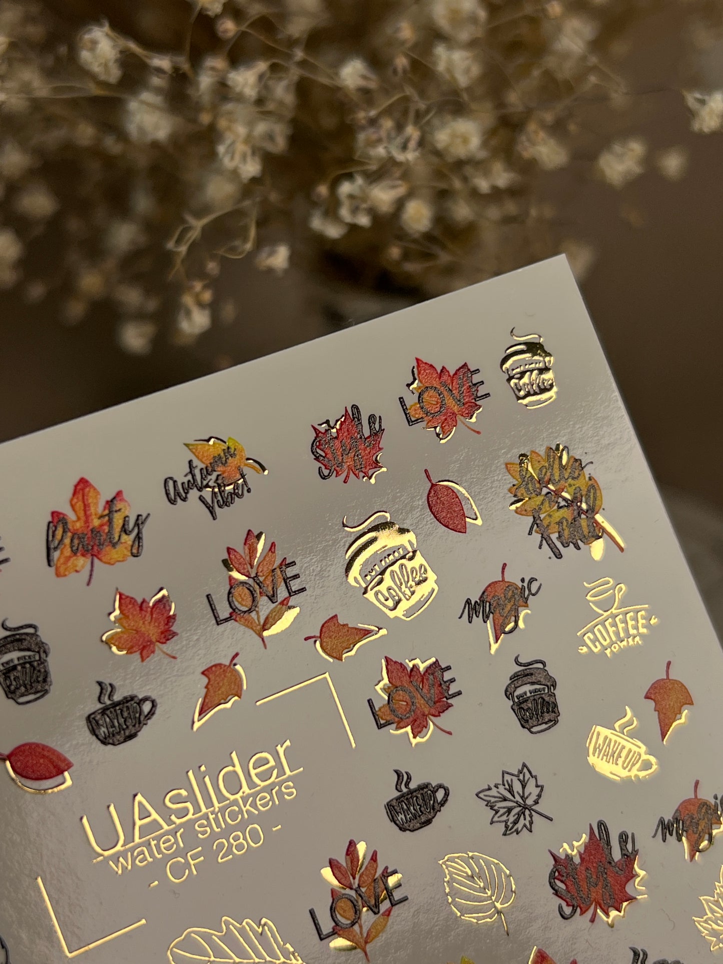 Nail Water Decal CF-280 | Autumn Water Slide Nail Decals | Fall Leaves, Coffee & Quotes