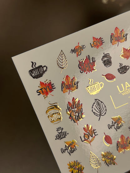 Nail Water Decal CF-280 | Autumn Water Slide Nail Decals | Fall Leaves, Coffee & Quotes