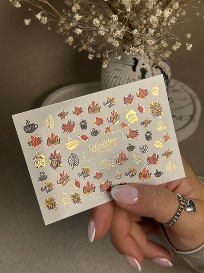 Nail Water Decal CF-280 | Autumn Water Slide Nail Decals | Fall Leaves, Coffee & Quotes