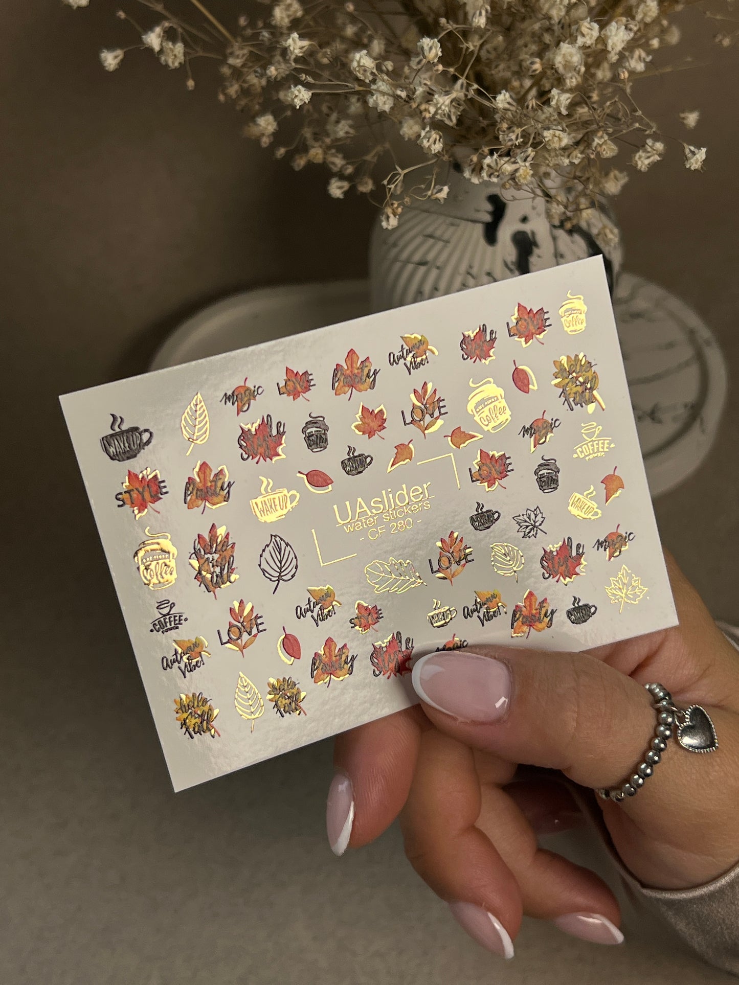 Nail Water Decal CF-280 | Autumn Water Slide Nail Decals | Fall Leaves, Coffee & Quotes