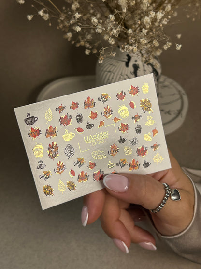 Nail Water Decal CF-280 | Autumn Water Slide Nail Decals | Fall Leaves, Coffee & Quotes