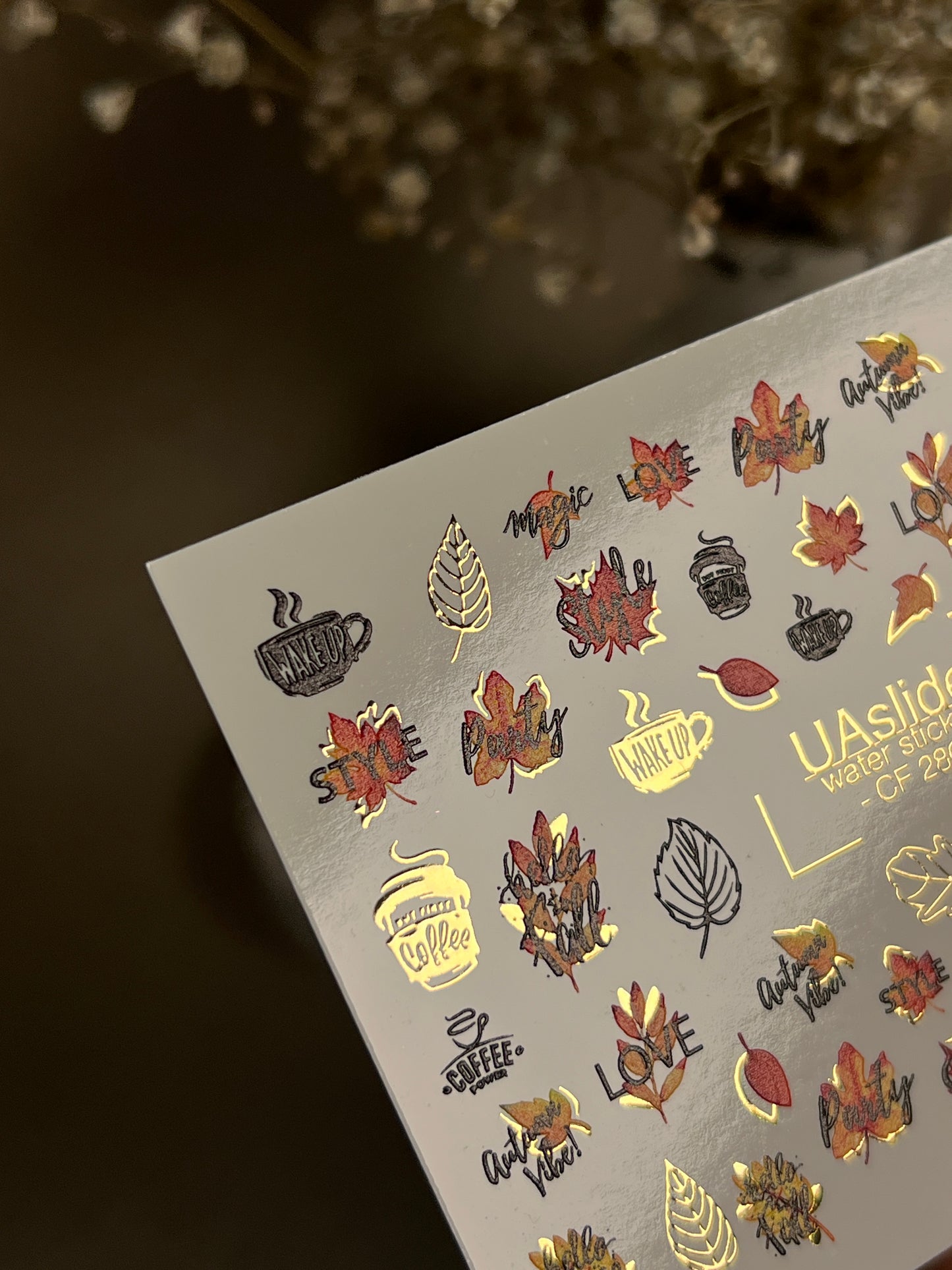 Nail Water Decal CF-280 | Autumn Water Slide Nail Decals | Fall Leaves, Coffee & Quotes