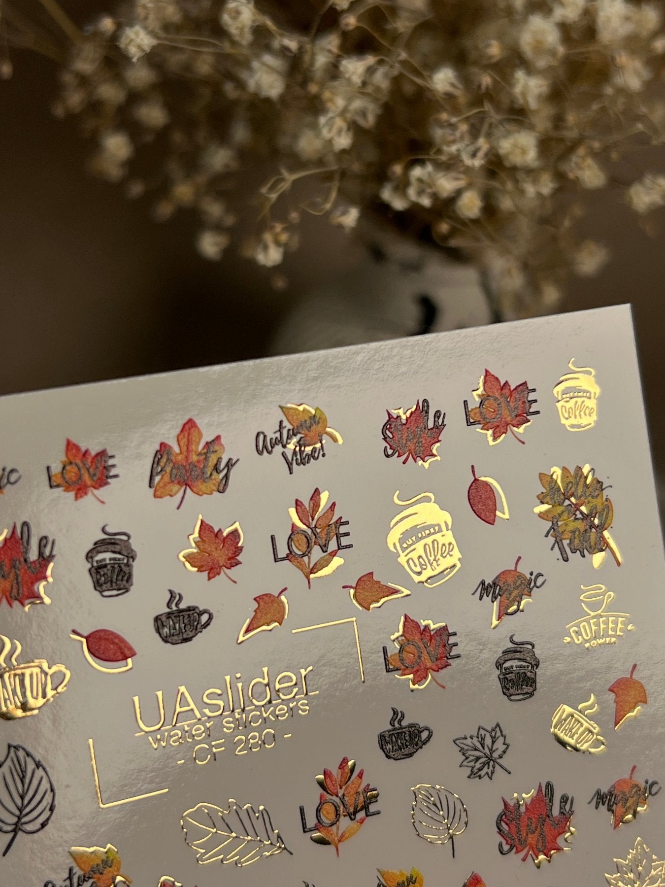 Nail Water Decal CF-280 | Autumn Water Slide Nail Decals | Fall Leaves, Coffee & Quotes - UASLIDER