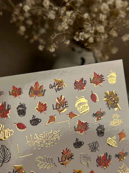 Nail Water Decal CF-280 | Autumn Water Slide Nail Decals | Fall Leaves, Coffee & Quotes