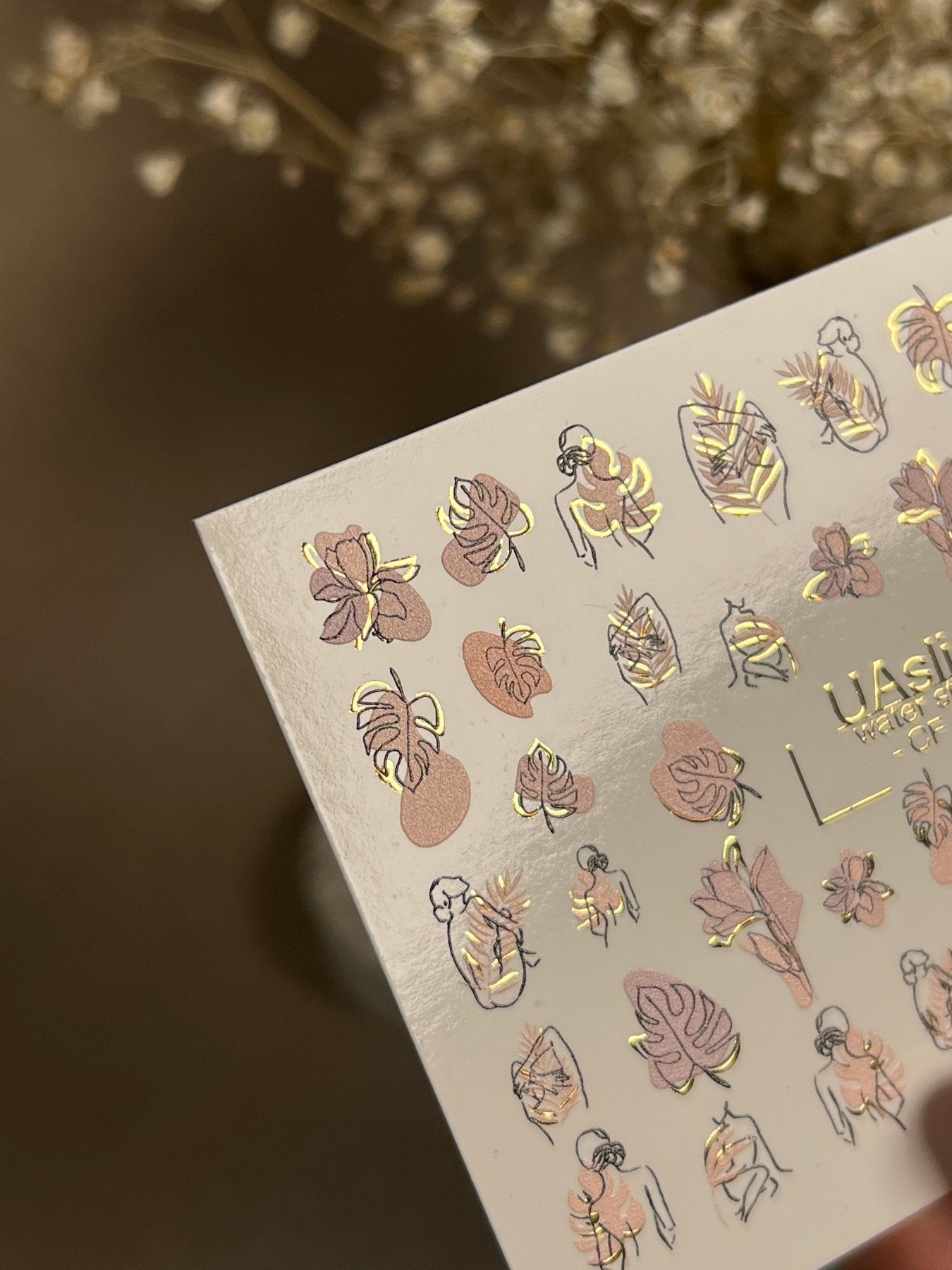 Nail Water Decal CF-277 | Abstract Water Slide Nail Decals | Female Silhouettes, Tropical Leaves & Gold Accents - UASLIDER