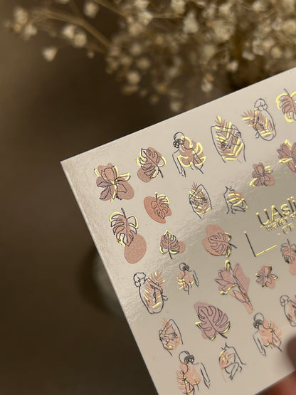 Nail Water Decal CF-277 | Abstract Water Slide Nail Decals | Female Silhouettes, Tropical Leaves & Gold Accents