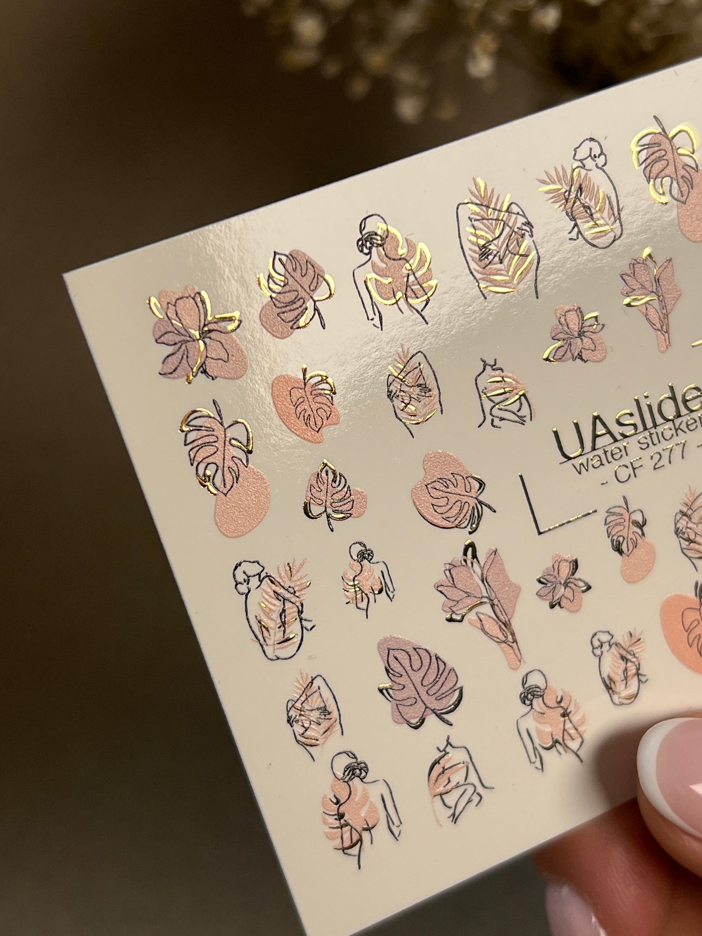 Nail Water Decal CF-277 | Abstract Water Slide Nail Decals | Female Silhouettes, Tropical Leaves & Gold Accents