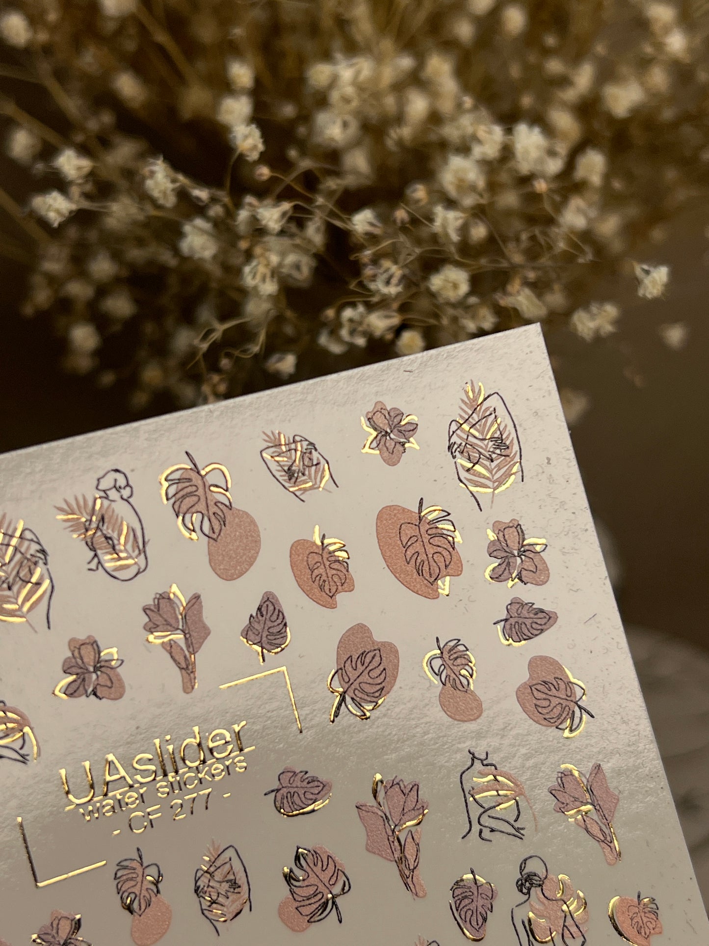 Nail Water Decal CF-277 | Abstract Water Slide Nail Decals | Female Silhouettes, Tropical Leaves & Gold Accents