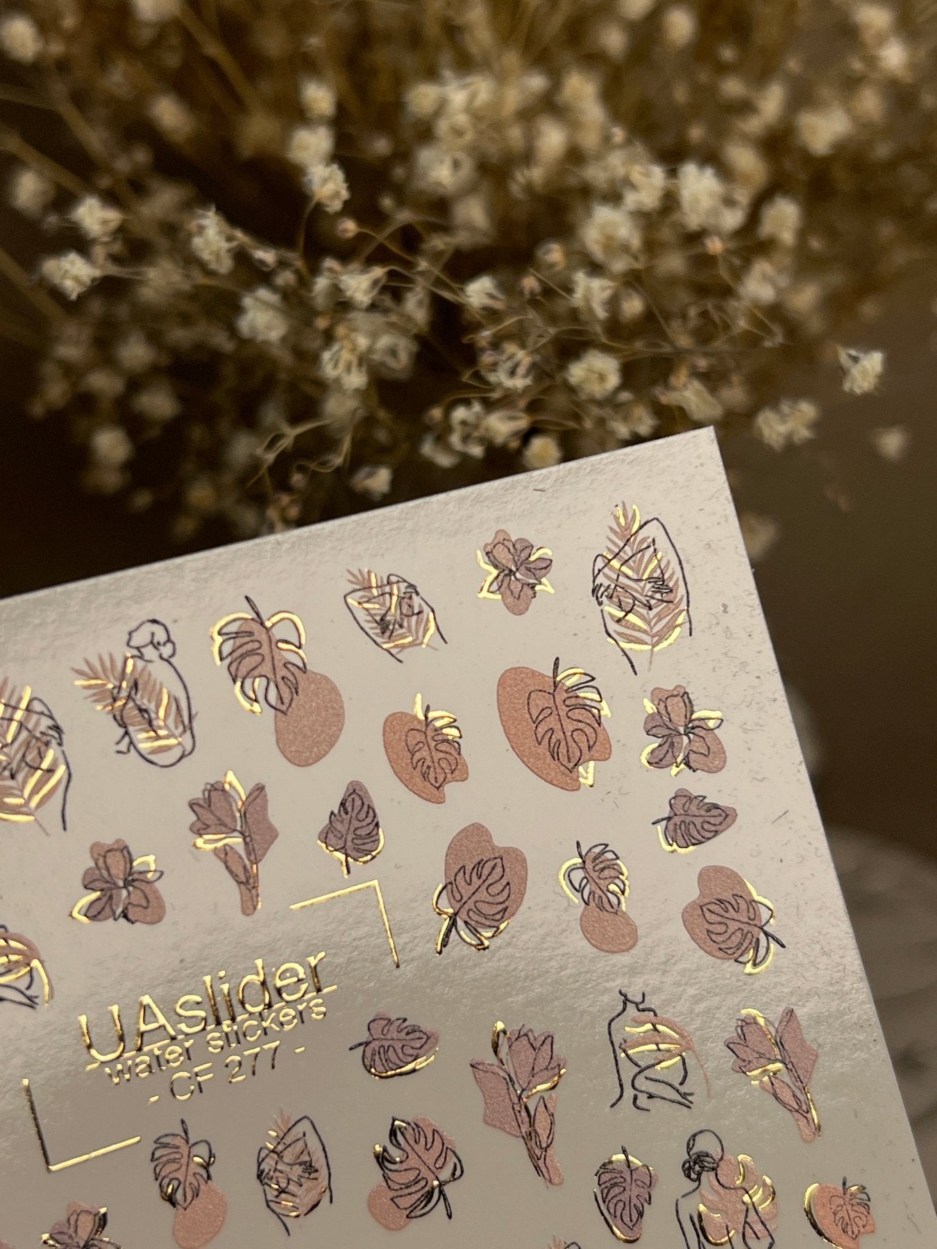 Nail Water Decal CF-277 | Abstract Water Slide Nail Decals | Female Silhouettes, Tropical Leaves & Gold Accents - UASLIDER