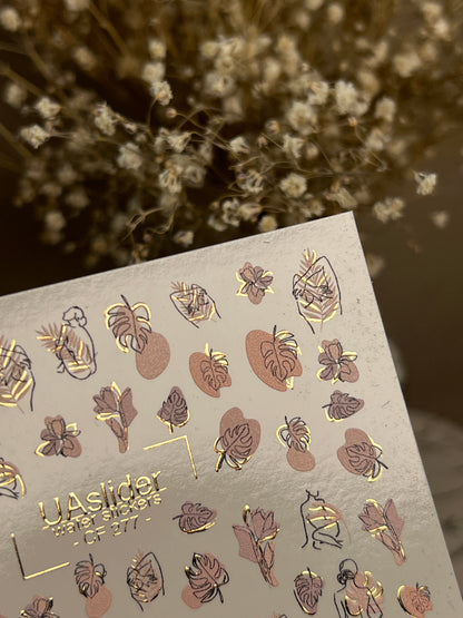 Nail Water Decal CF-277 | Abstract Water Slide Nail Decals | Female Silhouettes, Tropical Leaves & Gold Accents