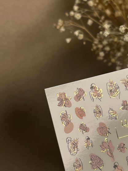 Nail Water Decal CF-277 | Abstract Water Slide Nail Decals | Female Silhouettes, Tropical Leaves & Gold Accents