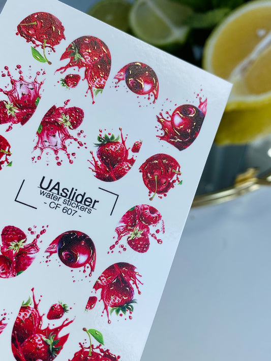 Nail Water Decal CF-607 | Water Decals for Nails | Juicy Fruits with Splashes – Cherries, Strawberries & Raspberries
