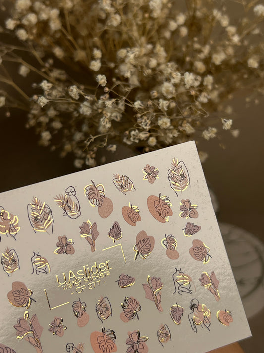 Nail Water Decal CF-277 | Abstract Water Slide Nail Decals | Female Silhouettes, Tropical Leaves & Gold Accents