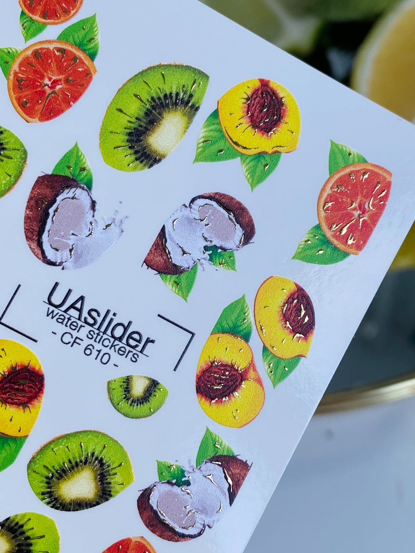 Naklejka na paznokcie CF-610 | Tropikalne owoce naklejki wodne na paznokcie | Kiwi, kokos i cytrusowa sztuka paznokciowa