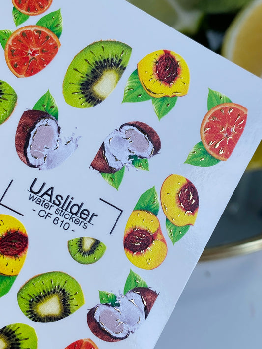 Nail Water Decal CF-610 | Tropical Fruit Water Slide Nail Decals | Kiwi, Coconut & Citrus Nail Art