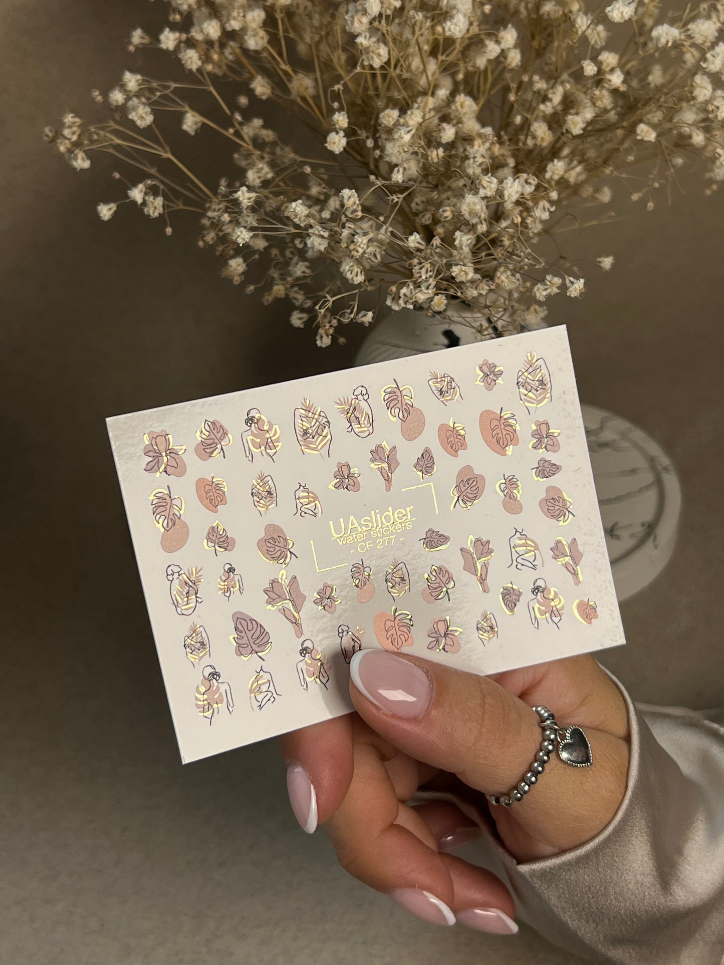 Nail Water Decal CF-277 | Abstract Water Slide Nail Decals | Female Silhouettes, Tropical Leaves & Gold Accents