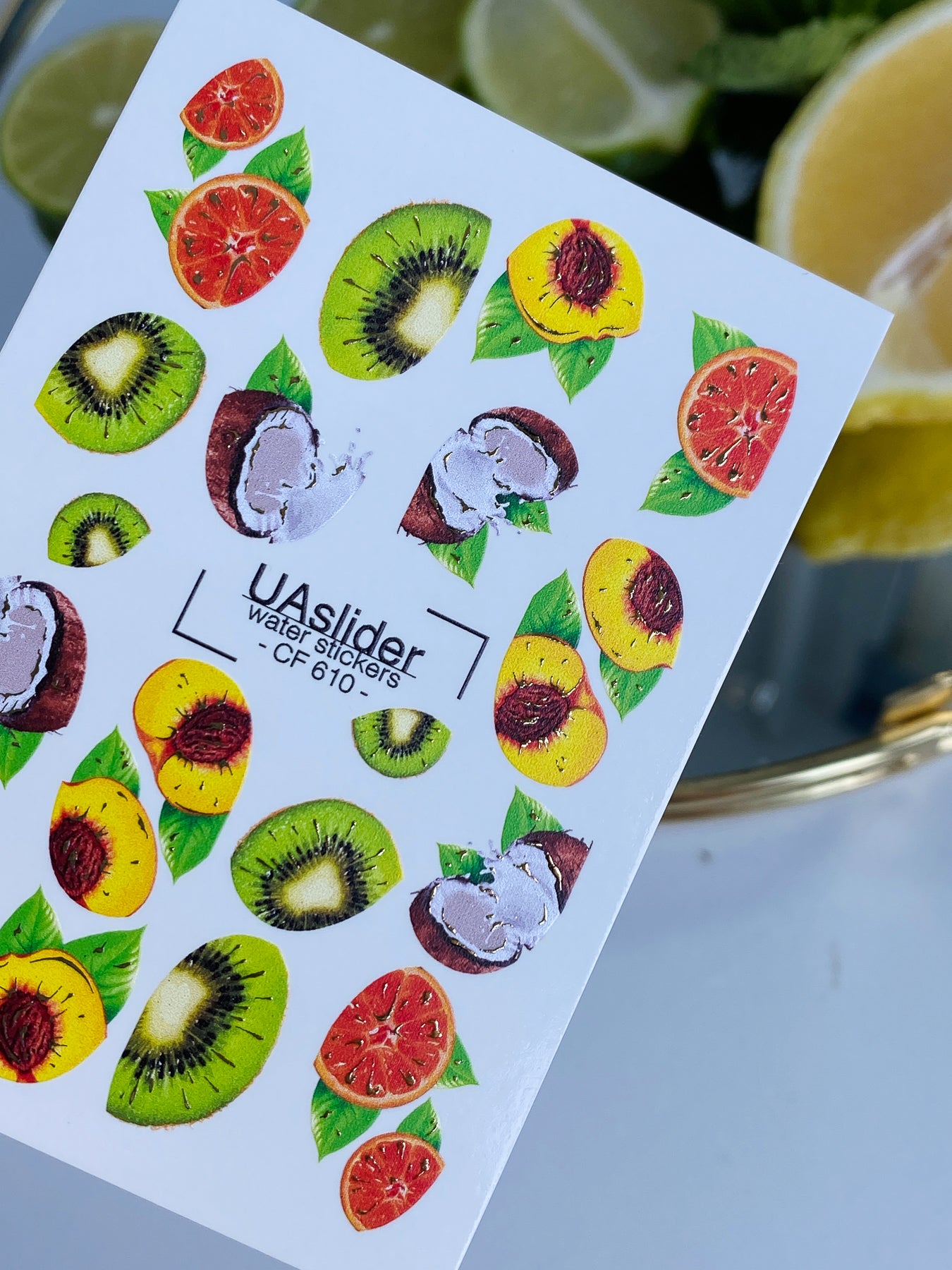 Naklejka na paznokcie CF-610 | Tropikalne owoce naklejki wodne na paznokcie | Kiwi, kokos i cytrusowa sztuka paznokciowa