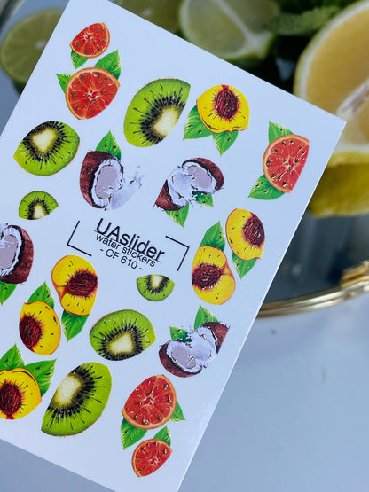 Naklejka na paznokcie CF-610 | Tropikalne owoce naklejki wodne na paznokcie | Kiwi, kokos i cytrusowa sztuka paznokciowa