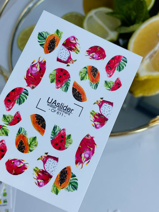 Nail Water Decal CF-611 | Exotic Fruit Water Slide Nail Decals | Dragonfruit, Papaya & Watermelon