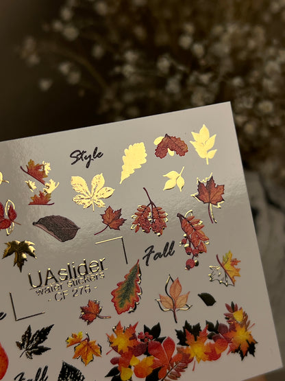 Nail Water Decal CF-276 | Autumn Water Slide Nail Decals | Fall Leaves, Gold Accents & Seasonal Quotes