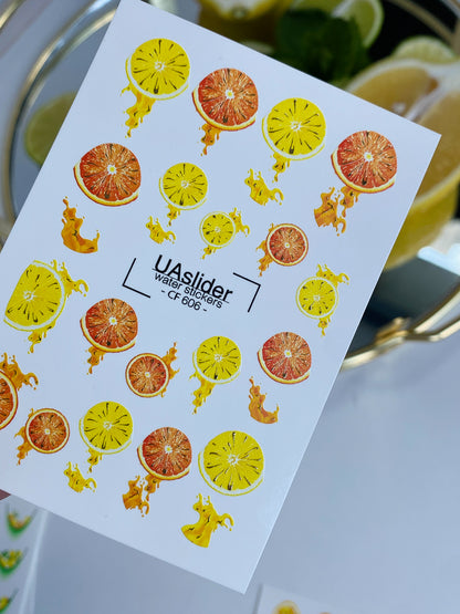 Nail Water Decal CF-606 | Water Decals for Nails | Citrus Fruits with Juice Splashes – Orange & Lemon