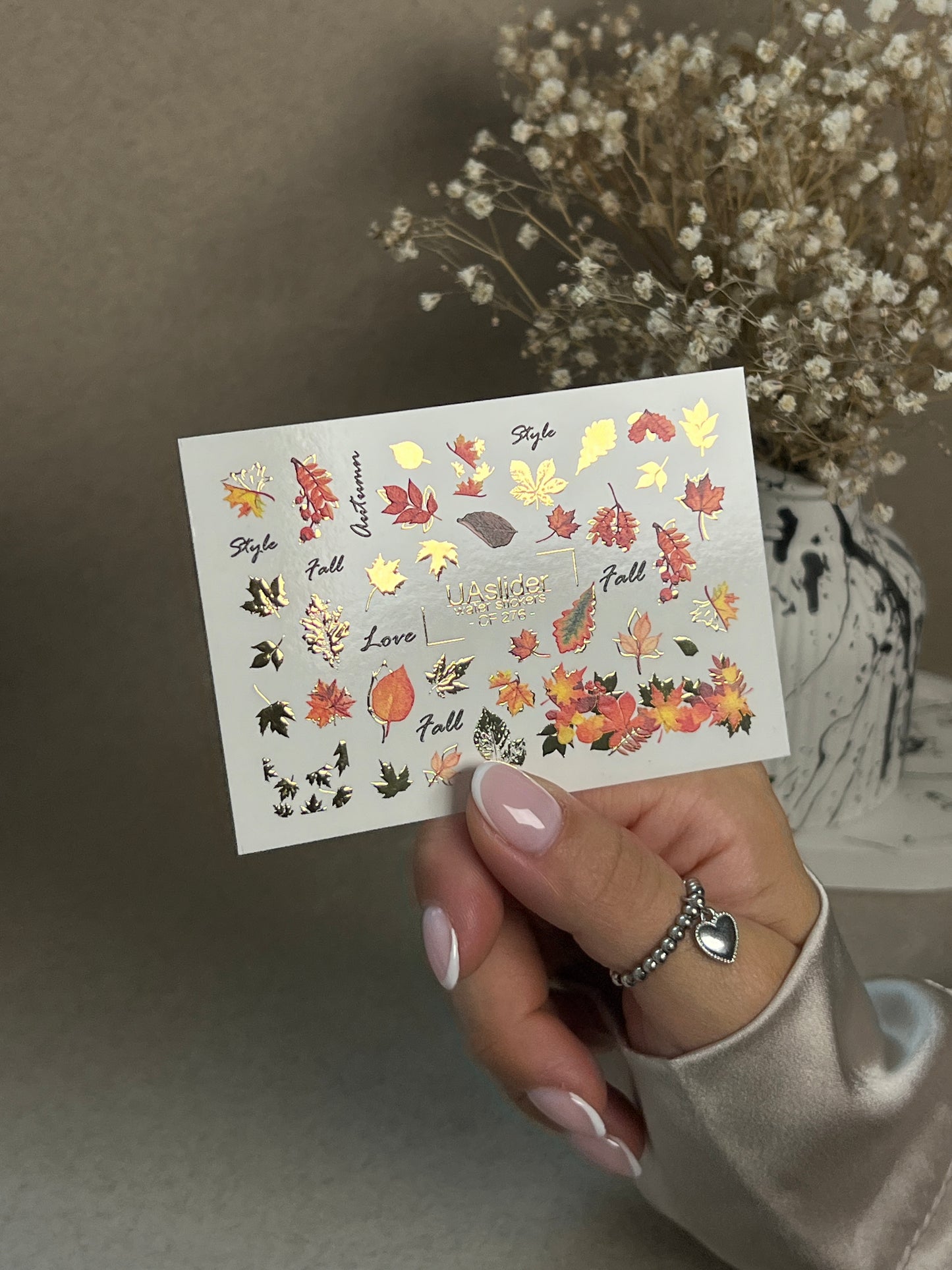 Nail Water Decal CF-276 | Autumn Water Slide Nail Decals | Fall Leaves, Gold Accents & Seasonal Quotes