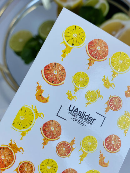 Nail Water Decal CF-606 | Water Decals for Nails | Citrus Fruits with Juice Splashes – Orange & Lemon