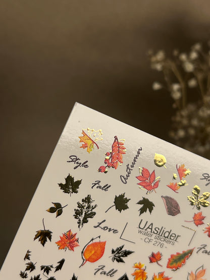 Nail Water Decal CF-276 | Autumn Water Slide Nail Decals | Fall Leaves, Gold Accents & Seasonal Quotes