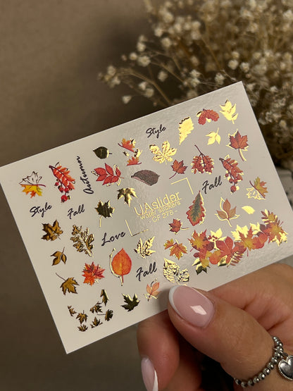 Nail Water Decal CF-276 | Autumn Water Slide Nail Decals | Fall Leaves, Gold Accents & Seasonal Quotes