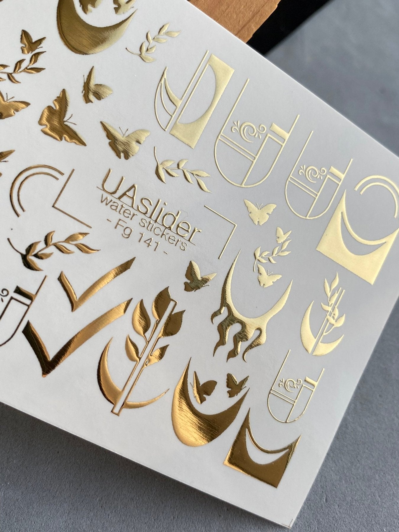 Nail Water Decal Fg-141 | Water Slide Nail Decals with Gold Geometric Moons and Butterflies | Modern Nail Tattoos - UASLIDER
