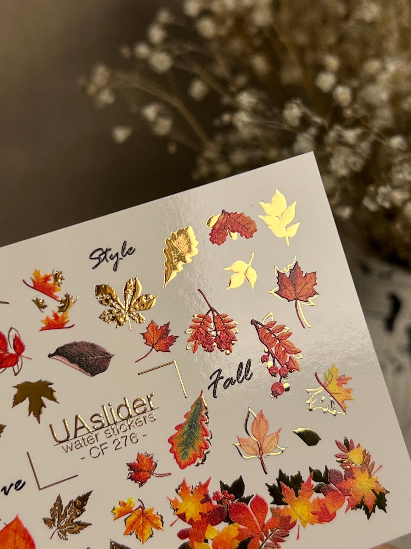 Nail Water Decal CF-276 | Autumn Water Slide Nail Decals | Fall Leaves, Gold Accents & Seasonal Quotes - UASLIDER