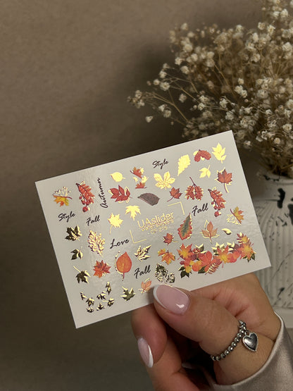 Nail Water Decal CF-276 | Autumn Water Slide Nail Decals | Fall Leaves, Gold Accents & Seasonal Quotes