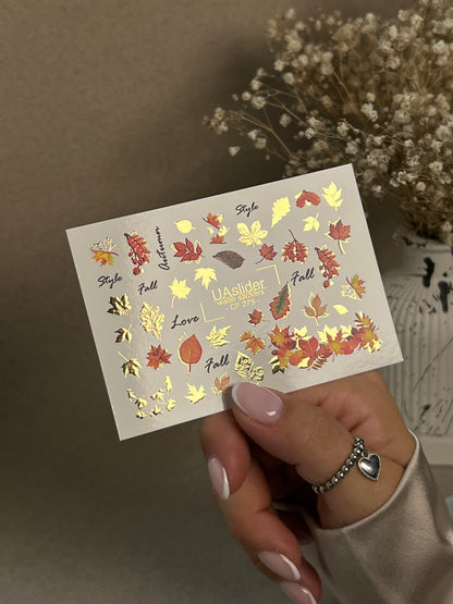 Nail Water Decal CF-276 | Autumn Water Slide Nail Decals | Fall Leaves, Gold Accents & Seasonal Quotes