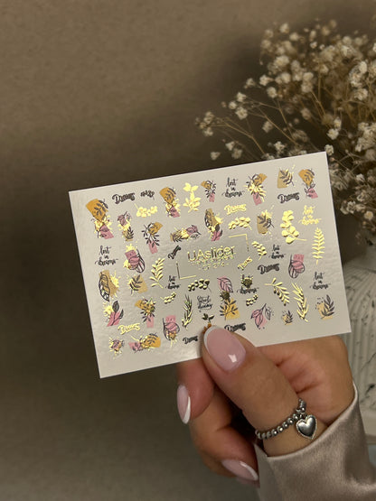 Nail Water Decal CF-274 | Botanical Water Slide Nail Decals | Leaves, Gold Accents & Dream Quotes